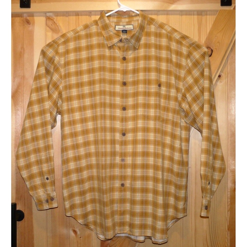 Tommy Bahama Mens Large 100% Silk Button Front Shirt Yellow Tan Plaid Long Sleev - Picture 8 of 8